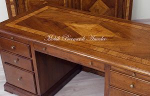Important study-office desk made of solid walnut wood with inlaid parts in olive wood